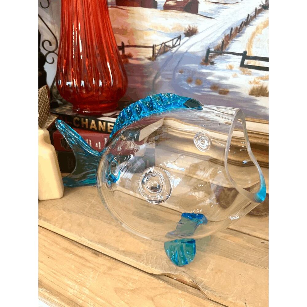 Vintage Blenko Style Glass Fish Vase Clear Art Glass Bowl with Aqua Blue Fins - Picture 6 of 6